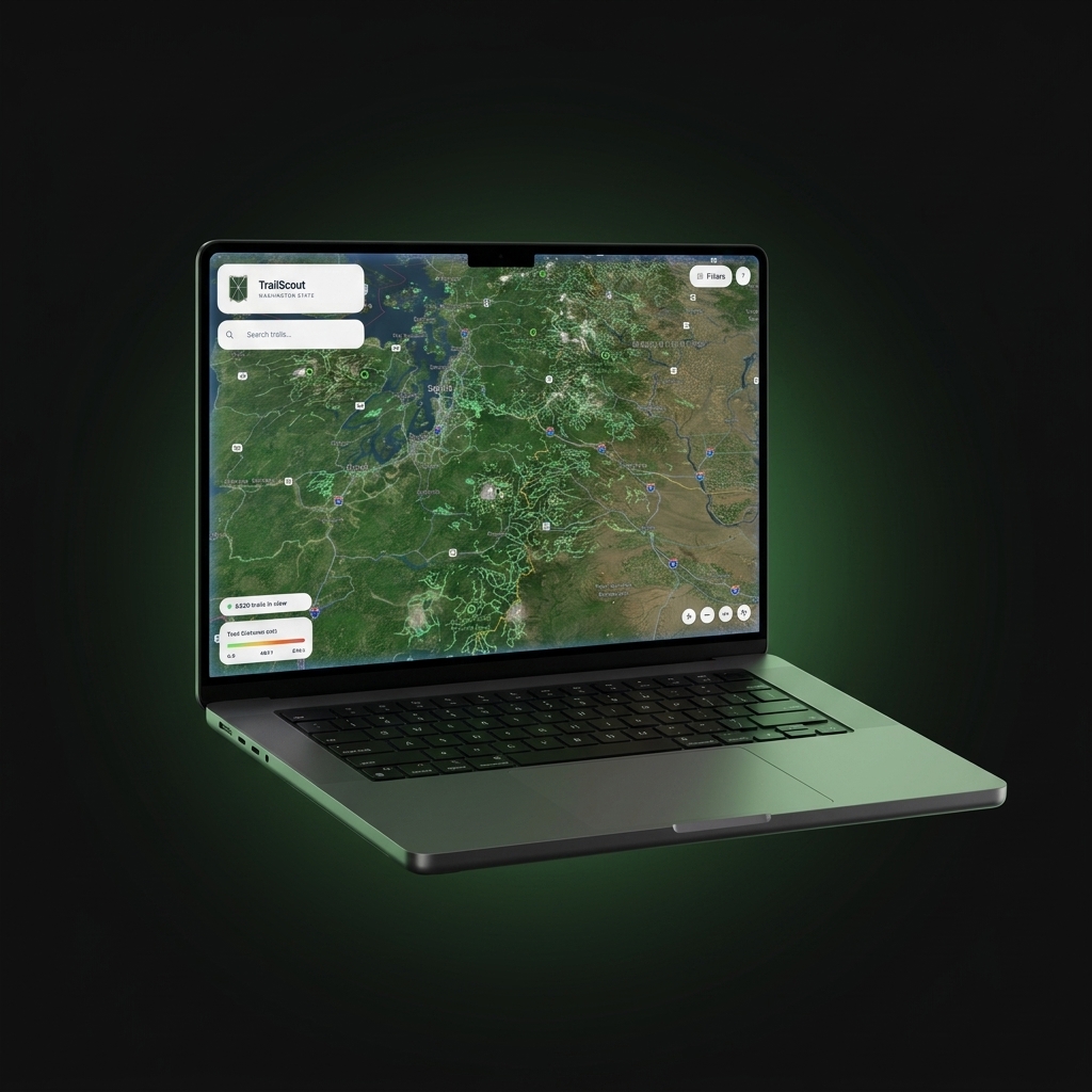 TrailScout web app showing a 3D satellite map with trail overlays on a MacBook